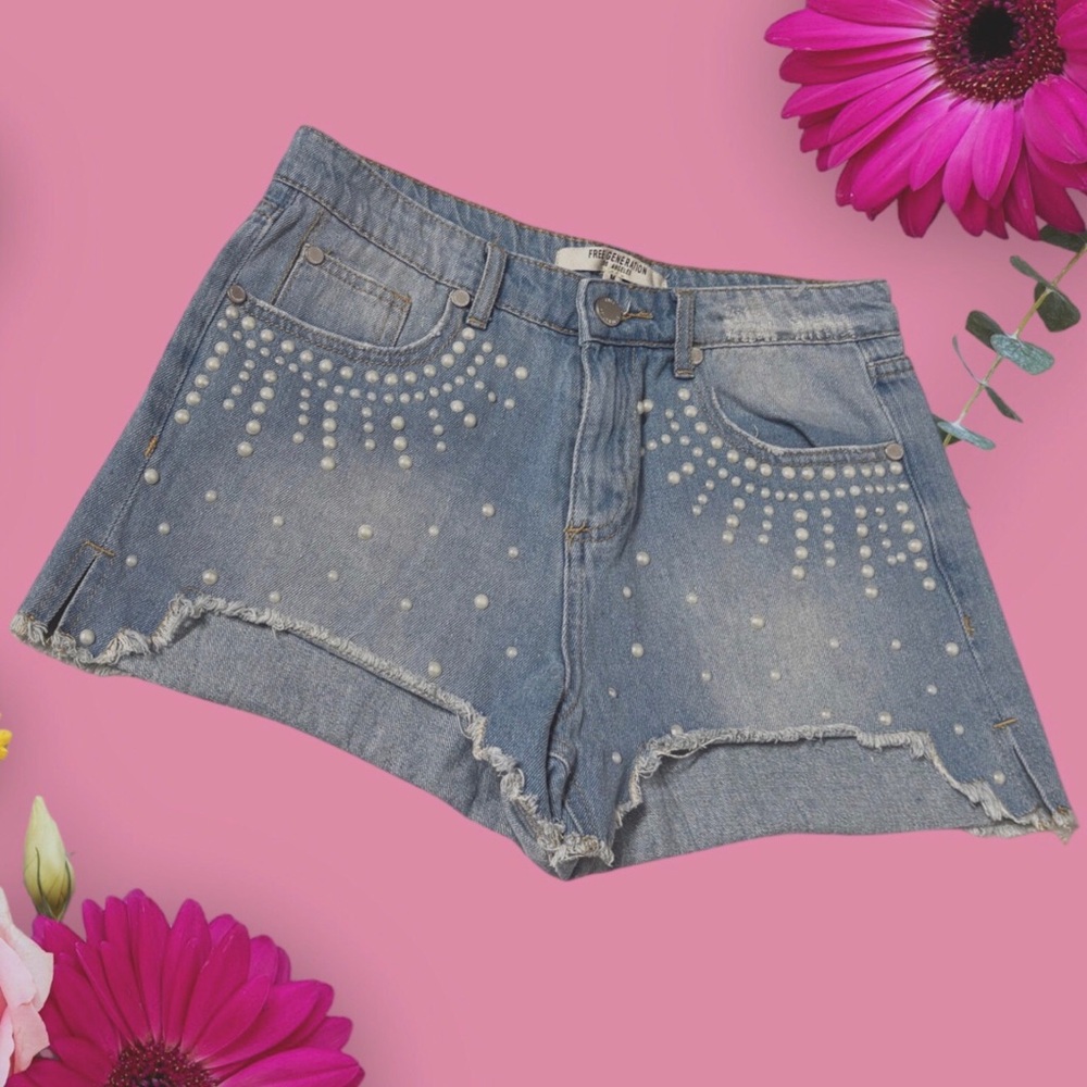 Free Generation Pearl Denim Shorts. High Waist Denim Studded Women Shorts
